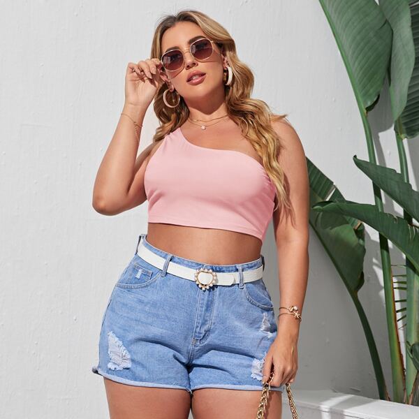 

Plus One Shoulder Solid Crop Top, Baby pink