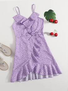 SHEIN Girls Ruffle Trim Allover Plants Cami Dress - Lilac Purple - View 1