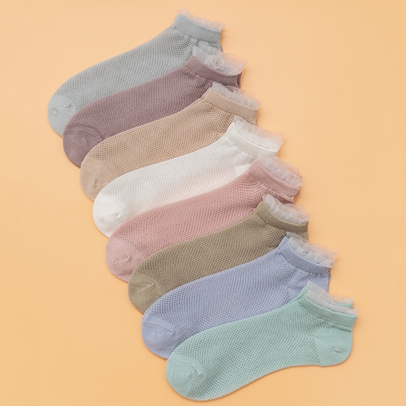 

8pairs Mesh Trim Socks, Multicolor