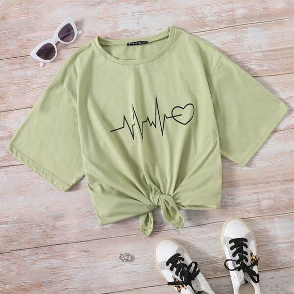

Slit Hem Heart Graphic Print Tee, Pastel mint green