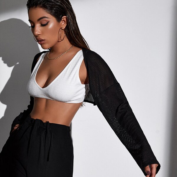 

Open Front Sheer Super Crop Jacket, Black