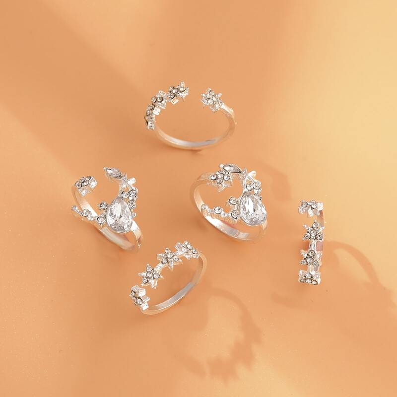 

5pcs Rhinestone Decor Ring, Silver