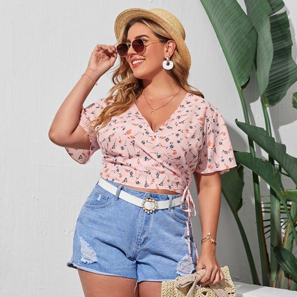 

Plus Flutter Sleeve Surplice Wrap Knot Side Floral Blouse, Baby pink