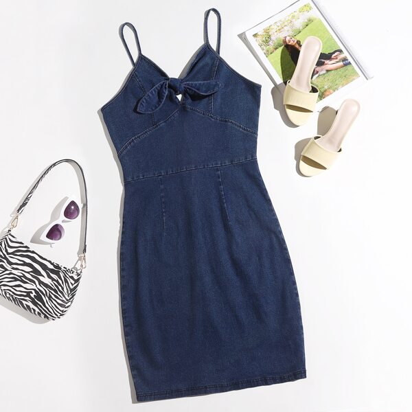 

Plus Tie Front Denim Dress, Dark wash