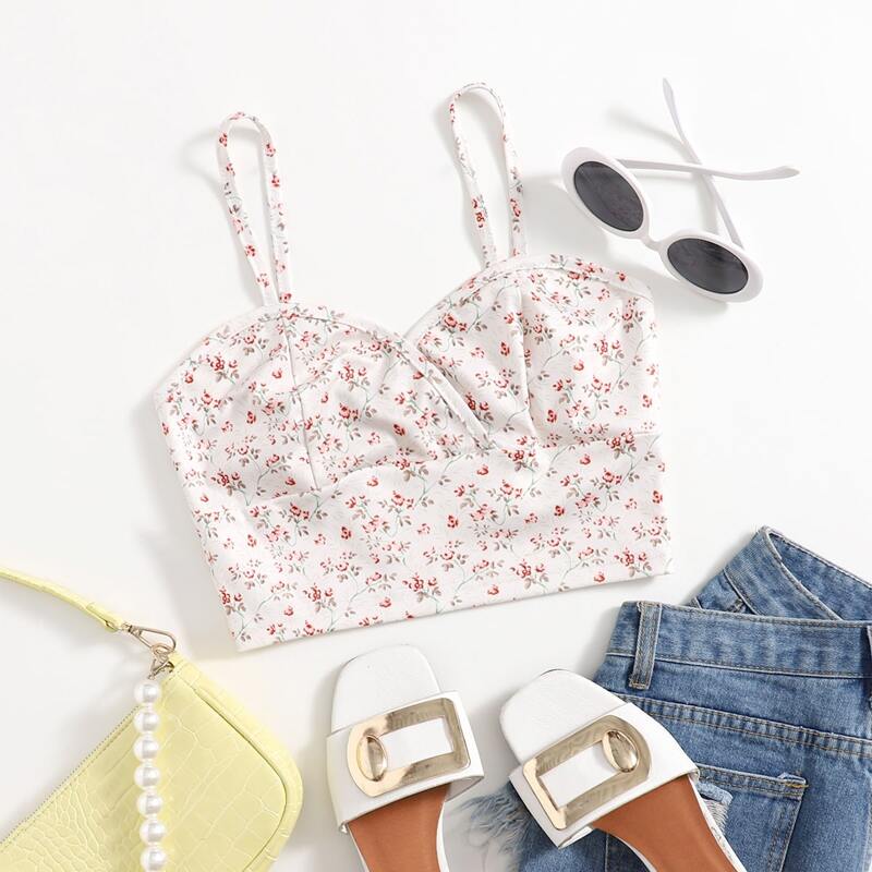 

Ditsy Floral Crop Cami Top, Beige