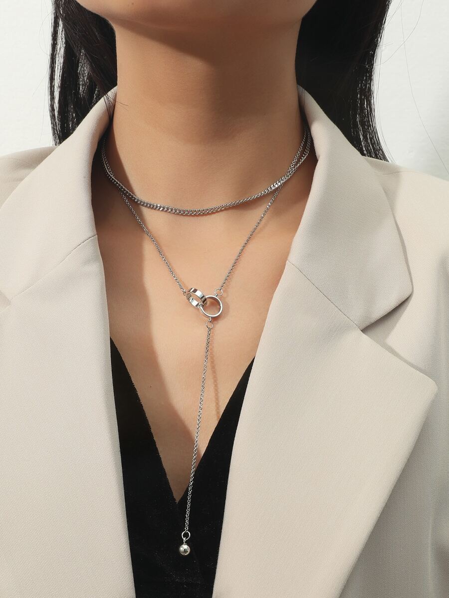 圓球吊墜Y形垂墜式項鏈 - 銀色 - 查看 1