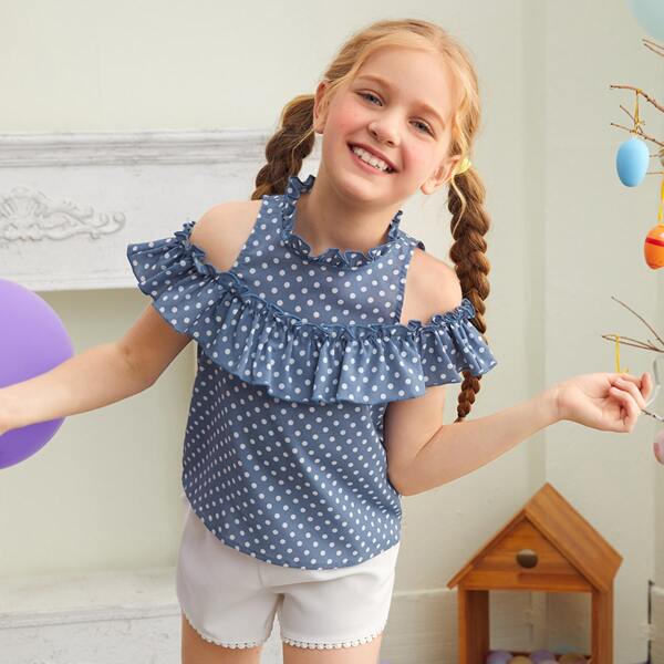 

Girls Cold Shoulder Polka Dot Top, Dusty blue