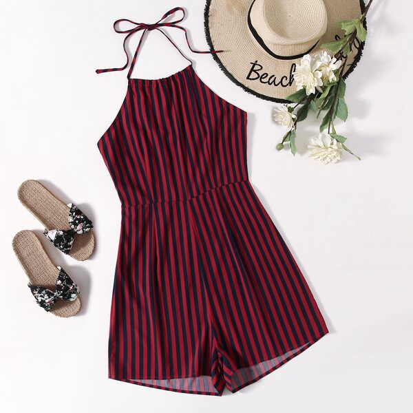 

Plus Tie Back Vertical Stripe Halter Romper, Multicolor
