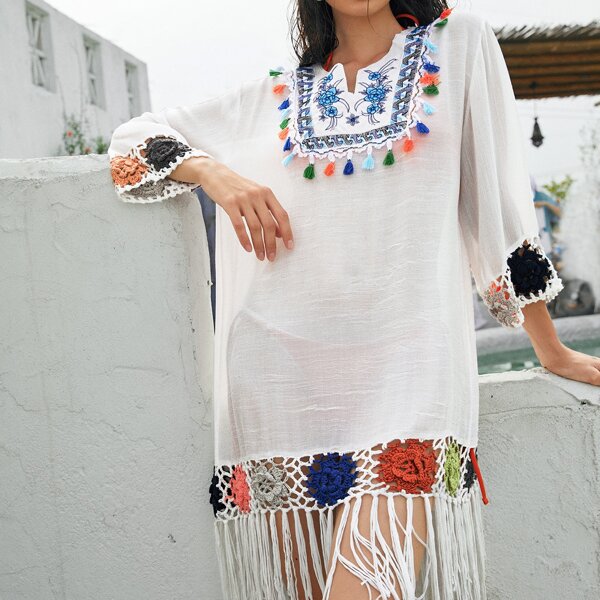 

Floral Embroidery Tassel Fringe Hem Cover Up Without Bikini, Multicolor