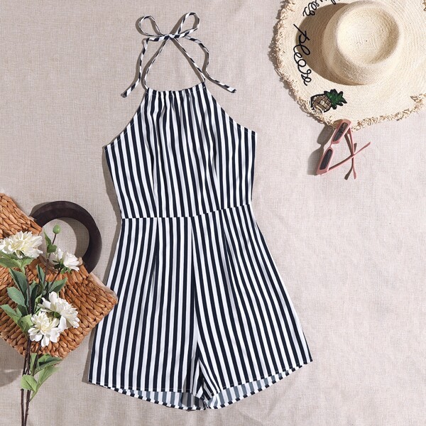 

Plus Striped Print Halter Neck Romper, Blue and white