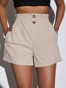 SHEIN Unity Paper Bag Waist Button Detail Shorts - Apricot - View 2