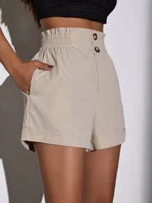 SHEIN Unity Paper Bag Waist Button Detail Shorts - Apricot - View 3