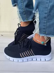 Ladies' Navy Blue Road Running Shoes With Lace Decoration And Knitted Upper - Navy Blue - View 1