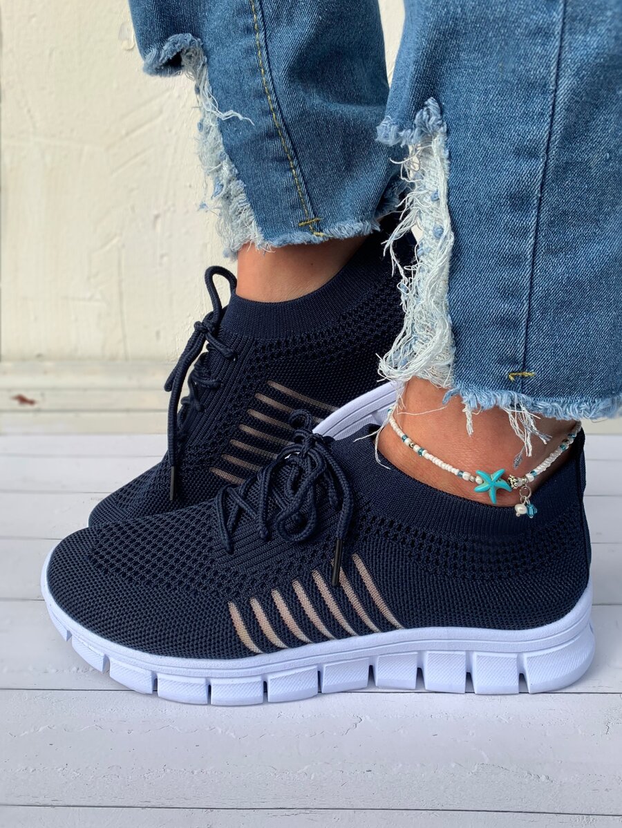 Ladies' Navy Blue Road Running Shoes With Lace Decoration And Knitted Upper - Navy Blue - View 1