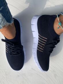 Ladies' Navy Blue Road Running Shoes With Lace Decoration And Knitted Upper - Navy Blue - View 2