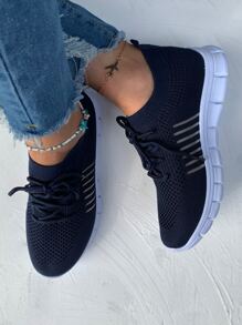 Ladies' Navy Blue Road Running Shoes With Lace Decoration And Knitted Upper - Navy Blue - View 3