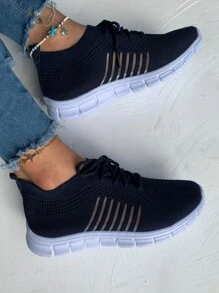 Ladies' Navy Blue Road Running Shoes With Lace Decoration And Knitted Upper - Navy Blue - View 4