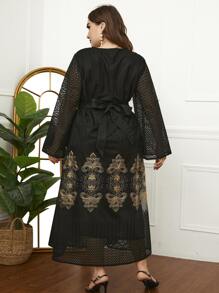 Al Najma Plus Floral Mesh Insert Belted Dress - Multicolor - View 2