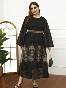 Al Najma Plus Floral Mesh Insert Belted Dress - Multicolor - View 3