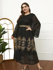 Al Najma Plus Floral Mesh Insert Belted Dress - Multicolor - View 4