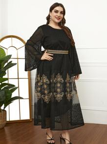 Al Najma Plus Floral Mesh Insert Belted Dress - Multicolor - View 6