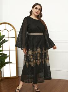 Al Najma Plus Floral Mesh Insert Belted Dress - Multicolor - View 7