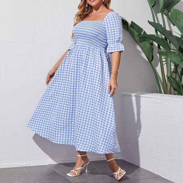 

Plus Ruffle Cuff Shirred Bodice Gingham Milkmaid Dress, Blue and white