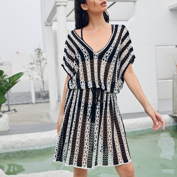 

V Neck Striped Open Knit Cover Up Without Bikini, Black and white