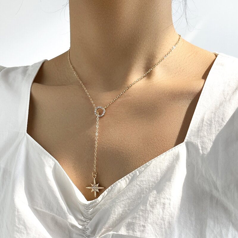 Rhinestone Star Decor Y Lariat Necklace, Gold
