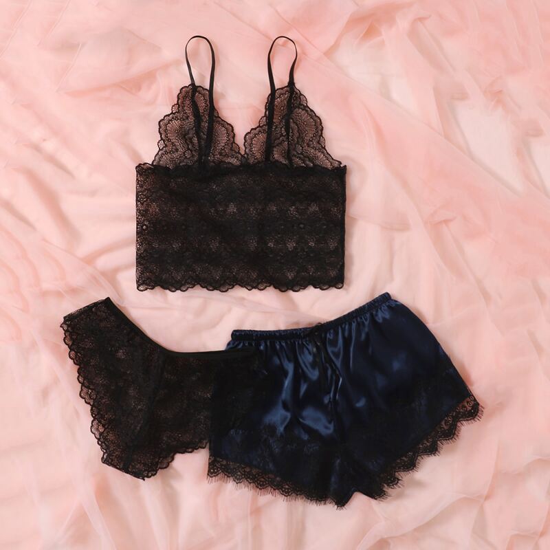 

3pack Floral Lace Lingerie Set & Satin Shorts, Multicolor