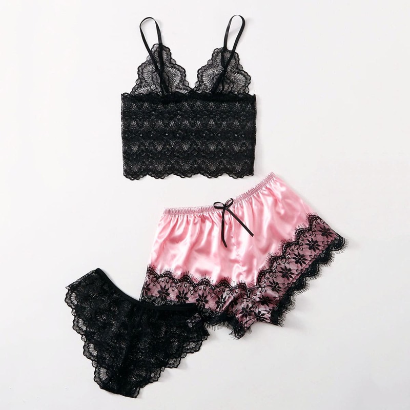 

3pack Floral Lace Lingerie Set & Satin Shorts, Pink