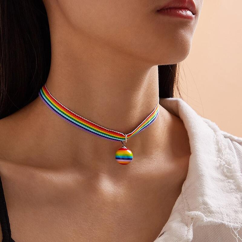

Ball Charm Rainbow Striped Choker, Multicolor