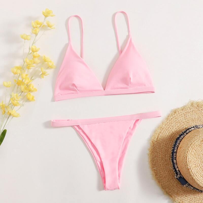 

Solid Triangle Thong Bikini Swimsuit, Baby pink