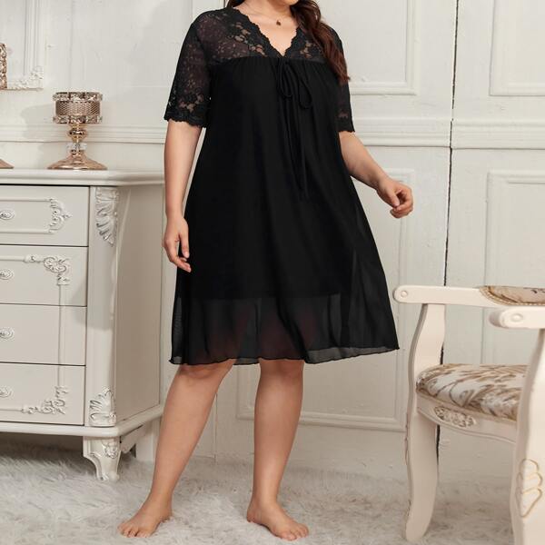 

Plus Contrast Lace Tie Front Night Dress, Black