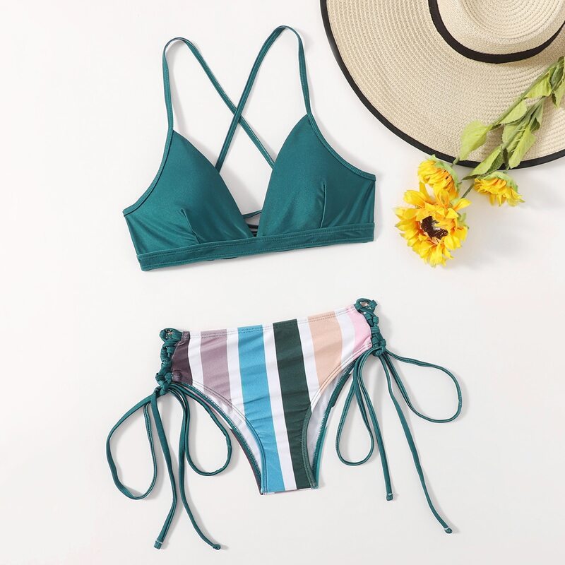 

Stripe Lace-up Bikini Swimsuit, Multicolor