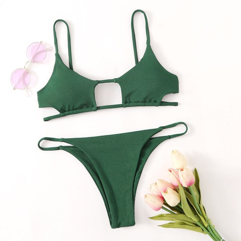 

Ribbed Cut-out Bikini Swimsuit, Dark green