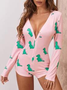 Mono pijama de cuello profundo con estampado de dinosaurio