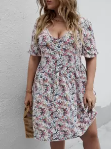 大碼滿版花卉圖案荷葉邊袖娃娃裙 - 彩色 - 查看 1