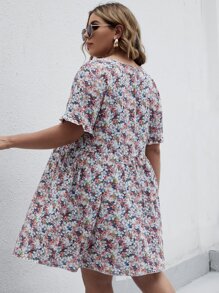 大碼滿版花卉圖案荷葉邊袖娃娃裙 - 彩色 - 查看 2