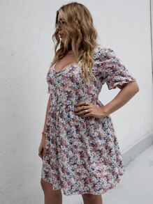 大碼滿版花卉圖案荷葉邊袖娃娃裙 - 彩色 - 查看 4