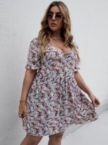 大碼滿版花卉圖案荷葉邊袖娃娃裙 - 彩色 - 查看 5