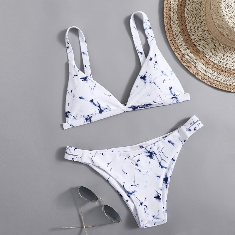

Marble Pattern Triangle Bikini Swimsuit, White