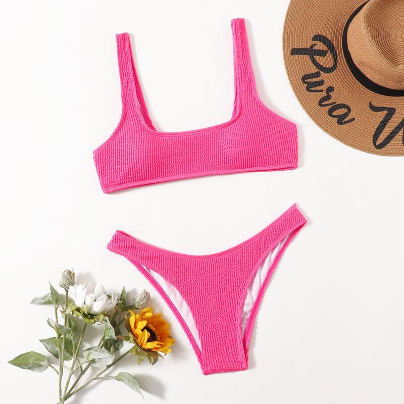 

Scoop Neck High Leg Bikini Swimsuit, Hot pink