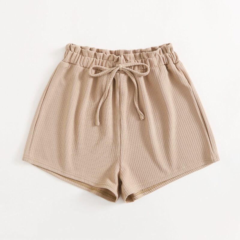 

Solid Tie Front Ribbed Shorts, Khaki