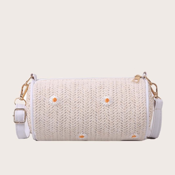 

Floral Embroidered Straw Bag, White