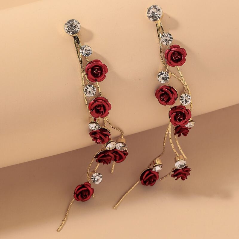 

Flower & Rhinestone Decor Drop Earrings, Red