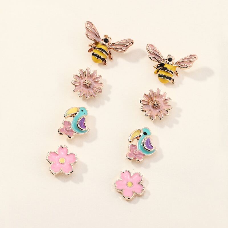 

4pairs Bee & Flower Design Stud Earrings, Multicolor