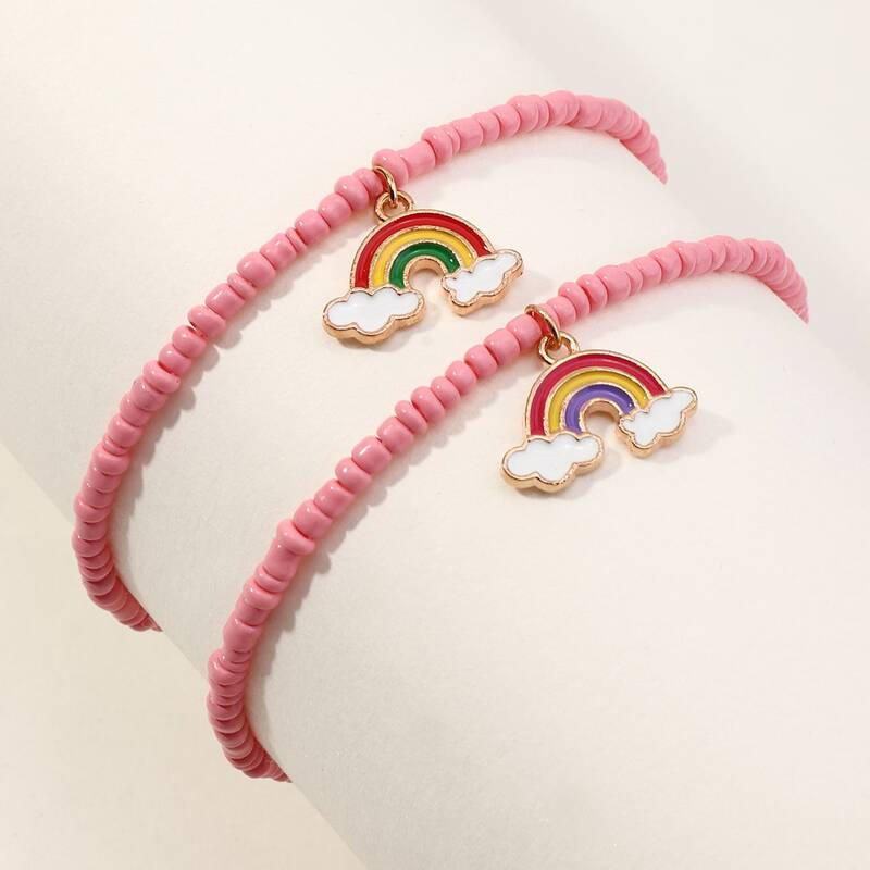 

2pcs Rainbow Charm Beaded Bracelet, Pink