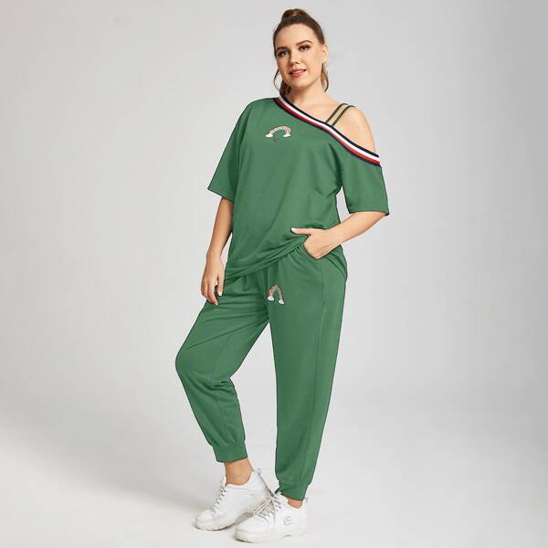 

Plus Letter Graphic Asymmetrical Neck Tee With Sweatpants, Green