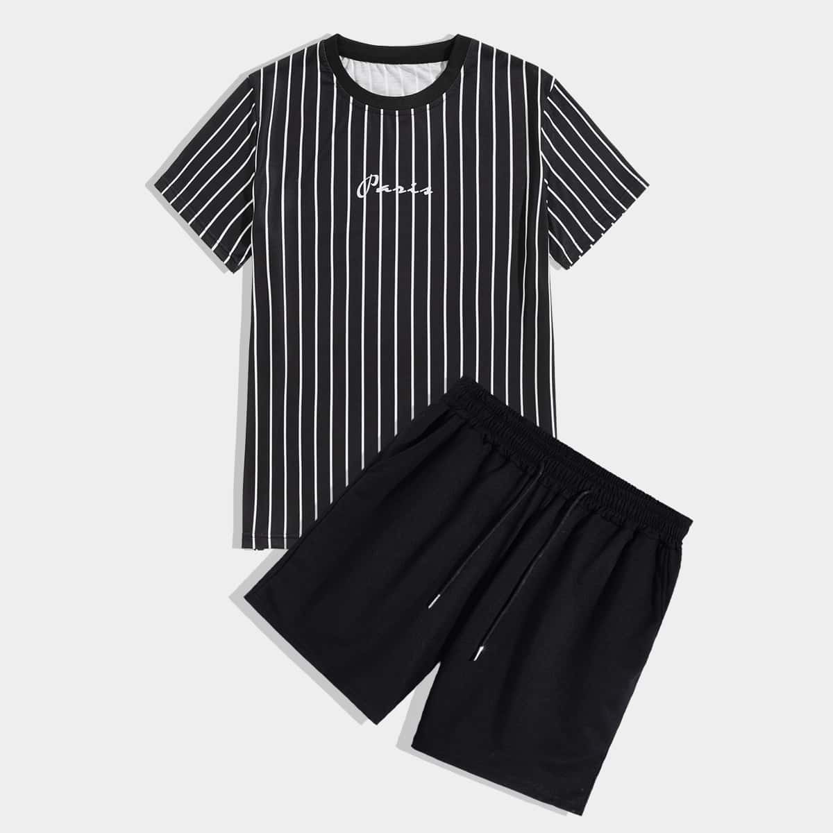 

Guys Letter Striped Tee & Solid Drawstring Shorts, Black and white